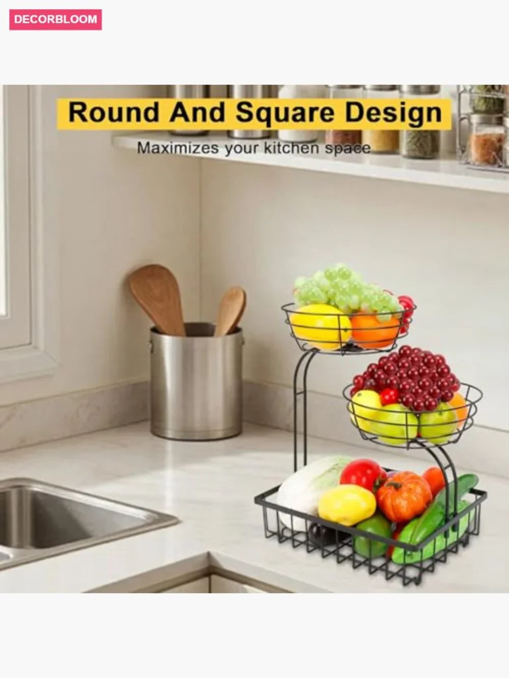 3 Tier Countertop Fruit Basket Storage - Metal Kitchen Organizer for Fruits,